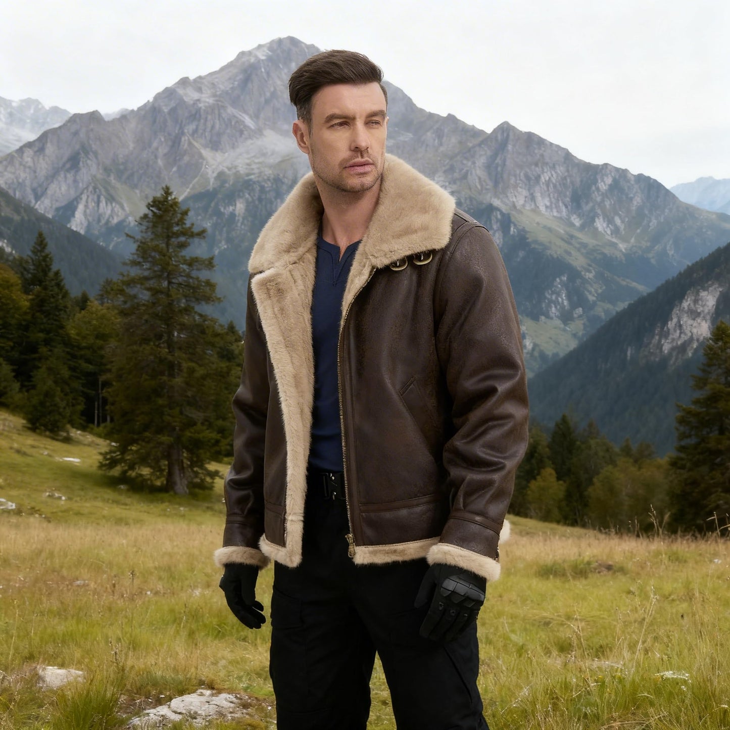 Mifidy Men Flight Jacket, Soft Warm Fur Brown Leather Comfort Shearling Durable Motorcycle Bomber Cosplay Comic Con Costume Leon Kennedy Outdoor Coat Gift Medium