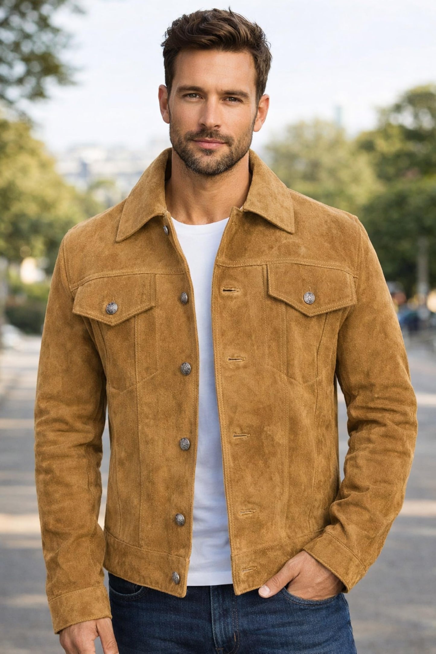 LP-FACON Mens Trucker Brown Suede Western Style Cowboy Leather Jacket XL