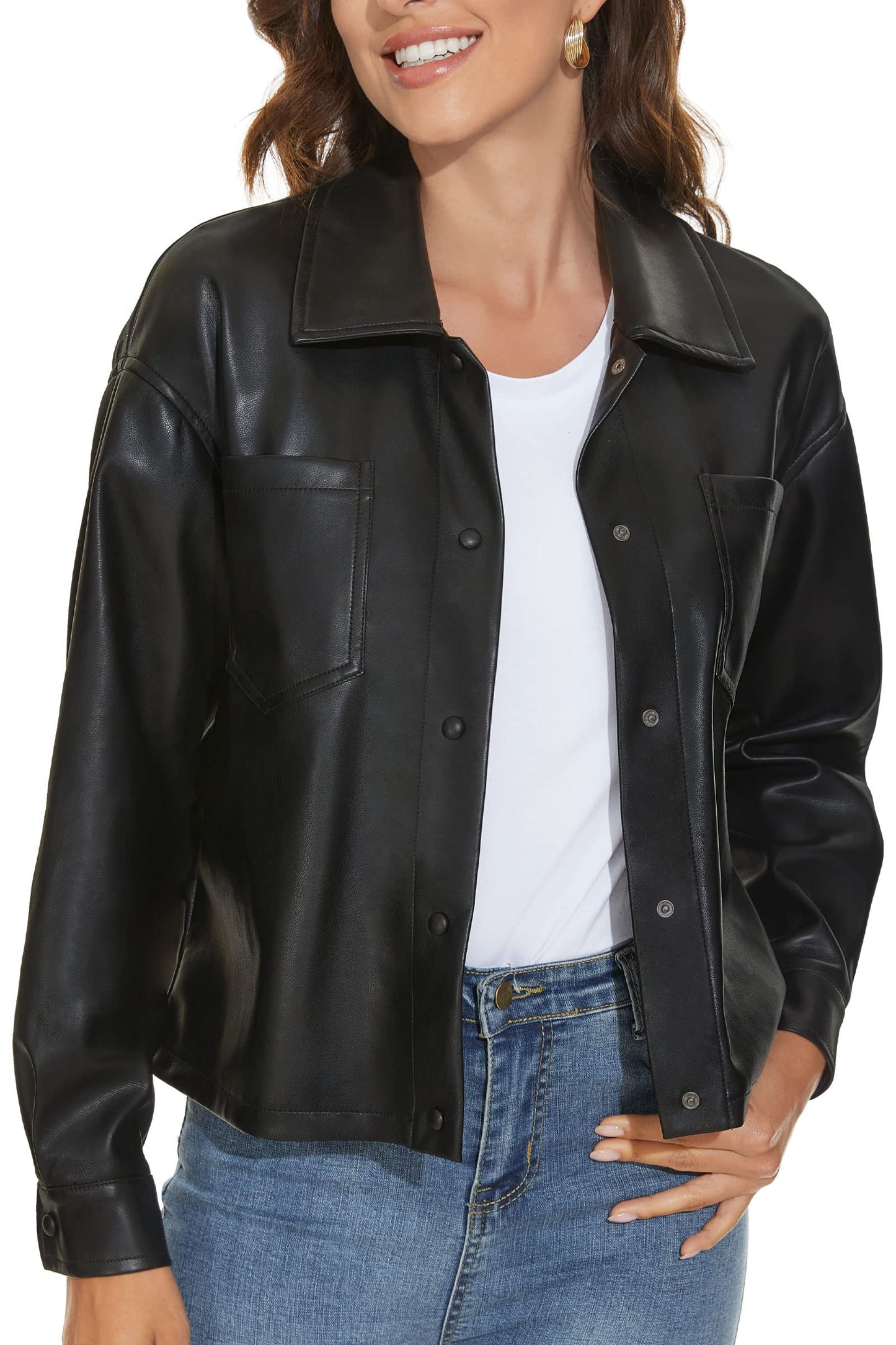 Fahsyee Women Faux Leather Blazer, Moto Biker Short Shirts Loose Fit Shacketwith Long Sleeves Button Casual Jacket Black Plus Size L