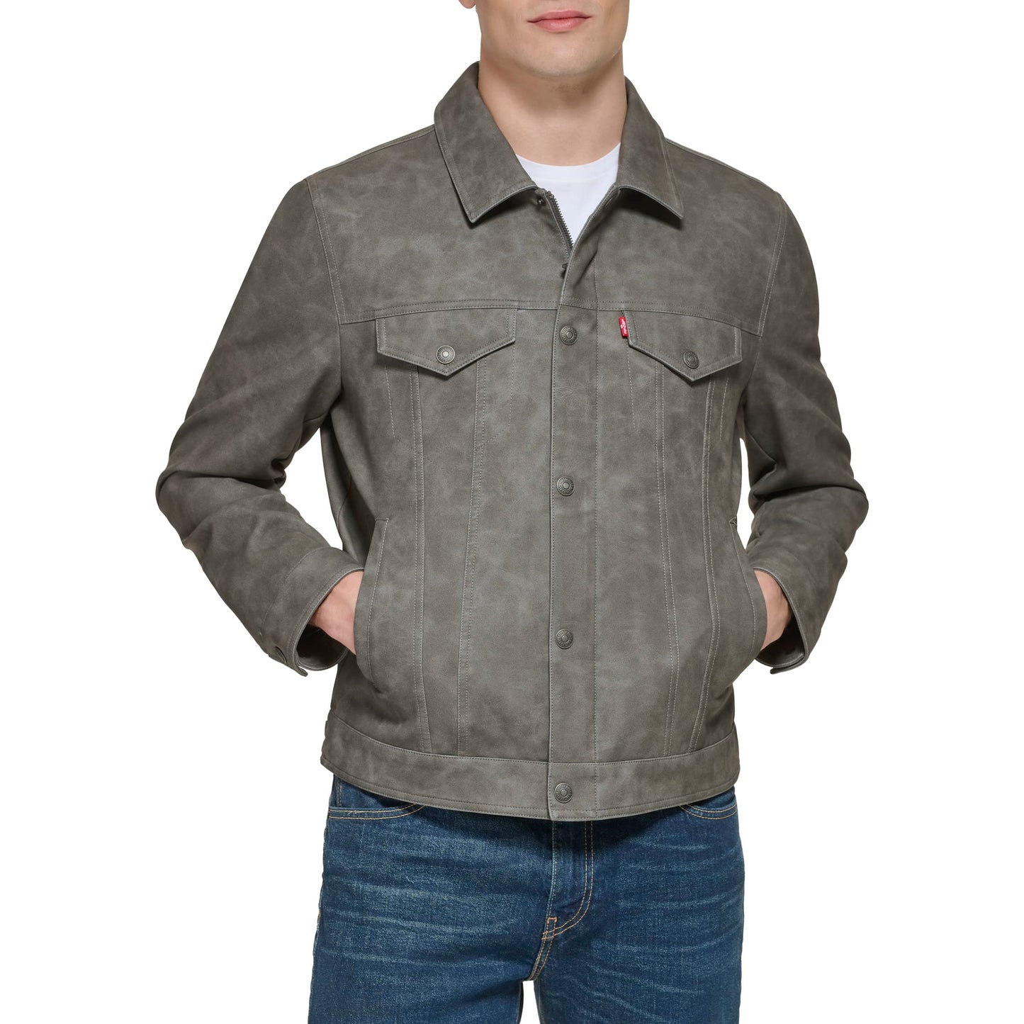 Levi's Men's Faux Leather Classic Trucker Jacket, New Light Grey, Large