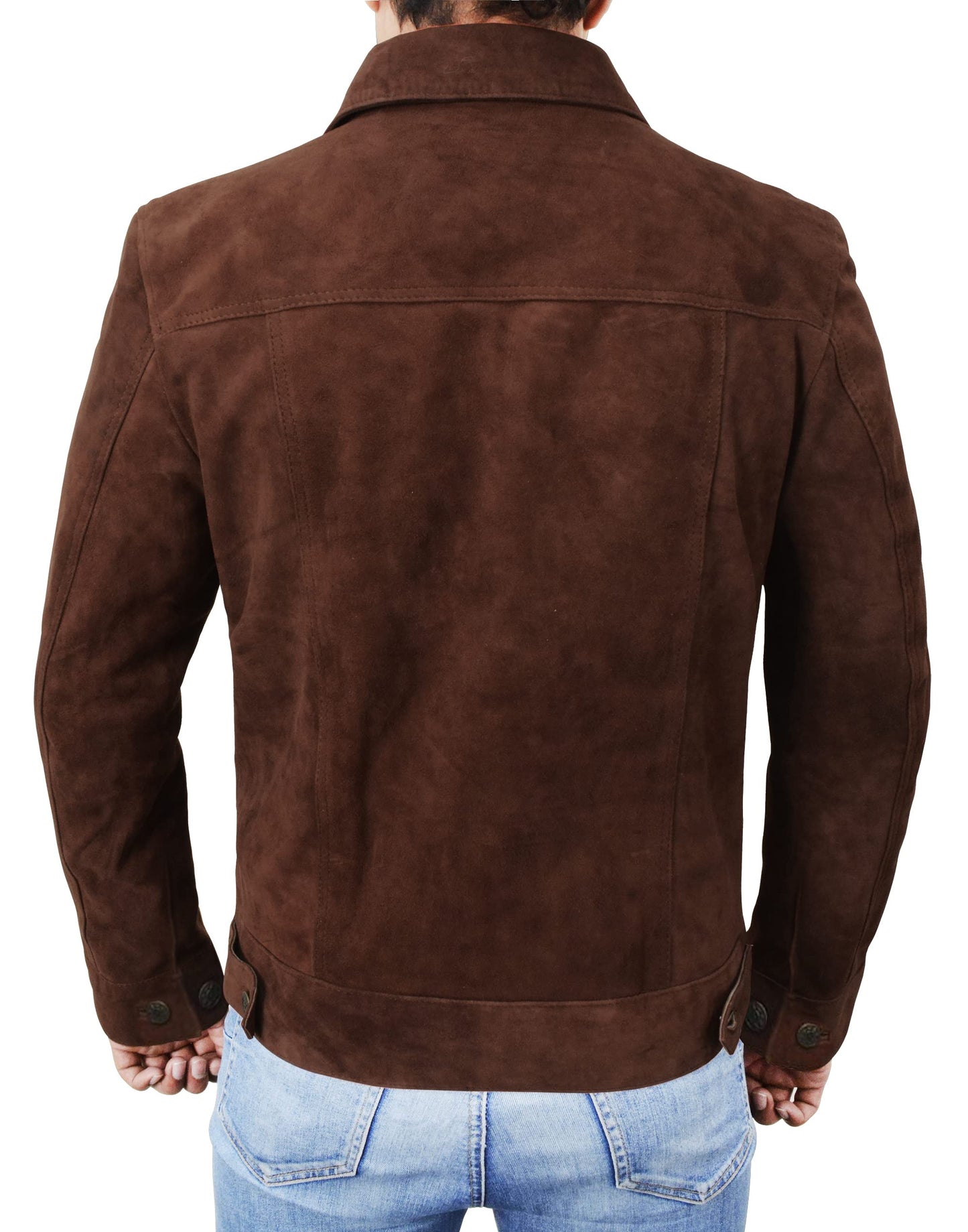III-Fashions Premium Brown Suede Leather Biker Trucker Jacket - Vintage Classic Western Trucker Geniune Suede Jacket (Logn, Dark Brown XXL) - chaqueta cuero hombre - Real Leather Jacket For Men