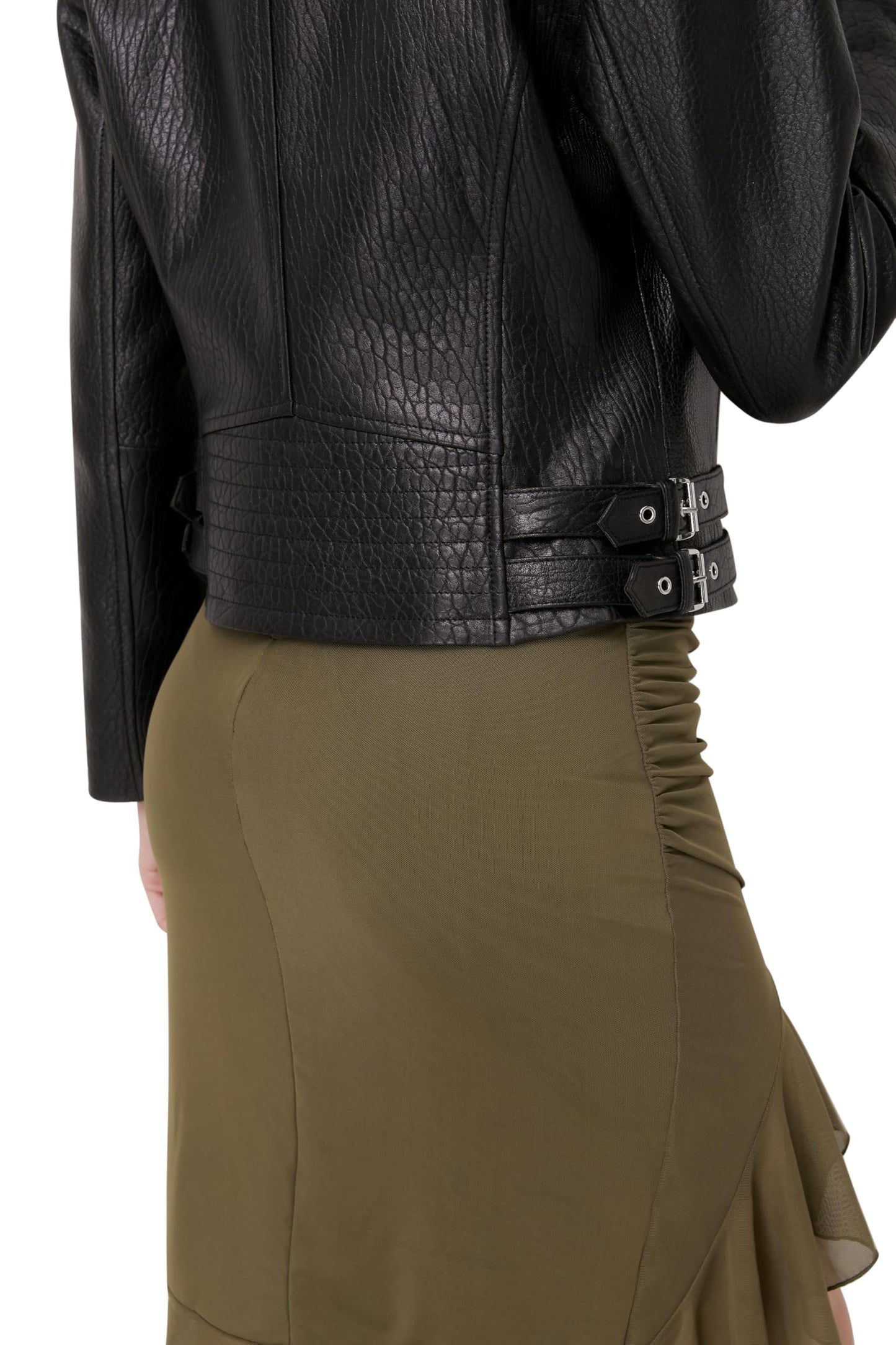 SILVER FASHIONS Lambskin Leather Jacket Women,Motorcycle Jacket,Asymmetrical Zip Style,Buckle Belts,Quilted Details (US, Alpha, X-Large, Regular, Regular, BLACK BUBBLE LAMB)