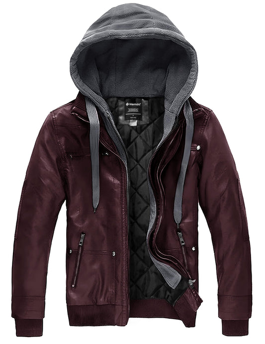 wantdo Men's Light Faux Leather Jacket Hooded Motorcycle Jacket Wine Red Large(Thick)