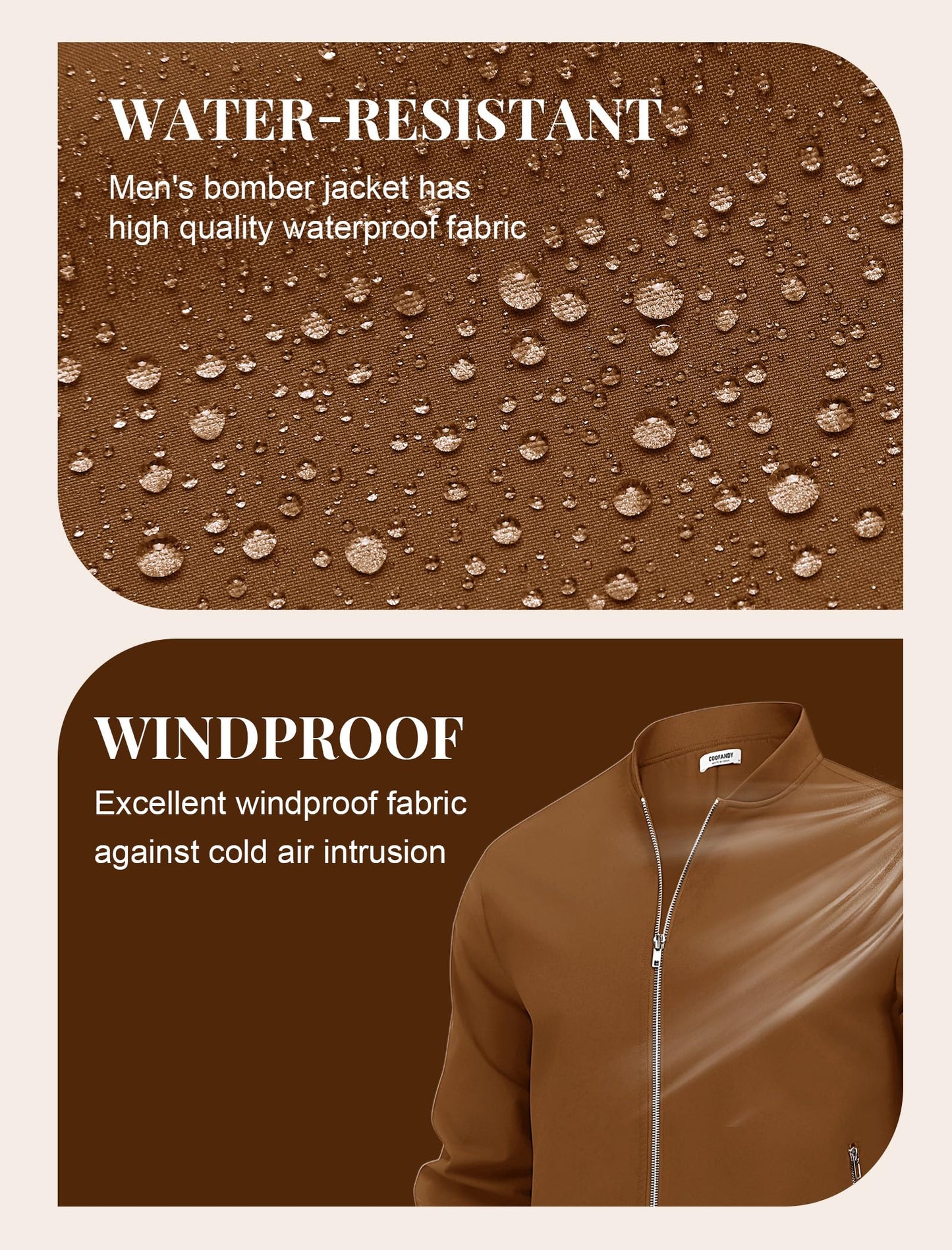 COOFANDY Windbreaker Jackets For Men Casua Stand Collar Bomber Jacket Brown Spring Fall Zip Up Light Coat Outerwear 3XL