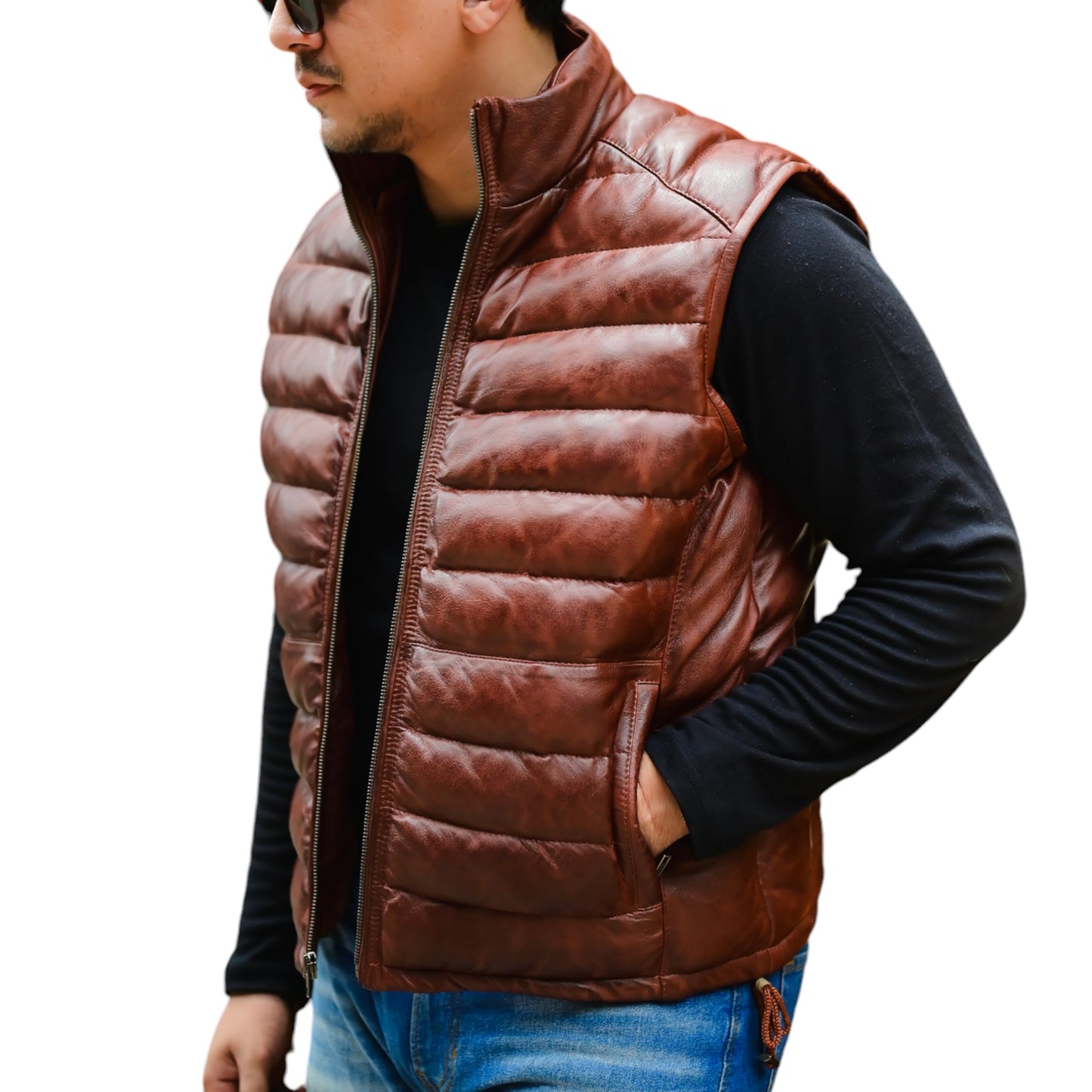 Jild Lambskin Leather Puffer Vest with Removable Hood - Stand Collar Casual Style Sleeveless Leather Jacket Men (Puffer-Tan-XXL)