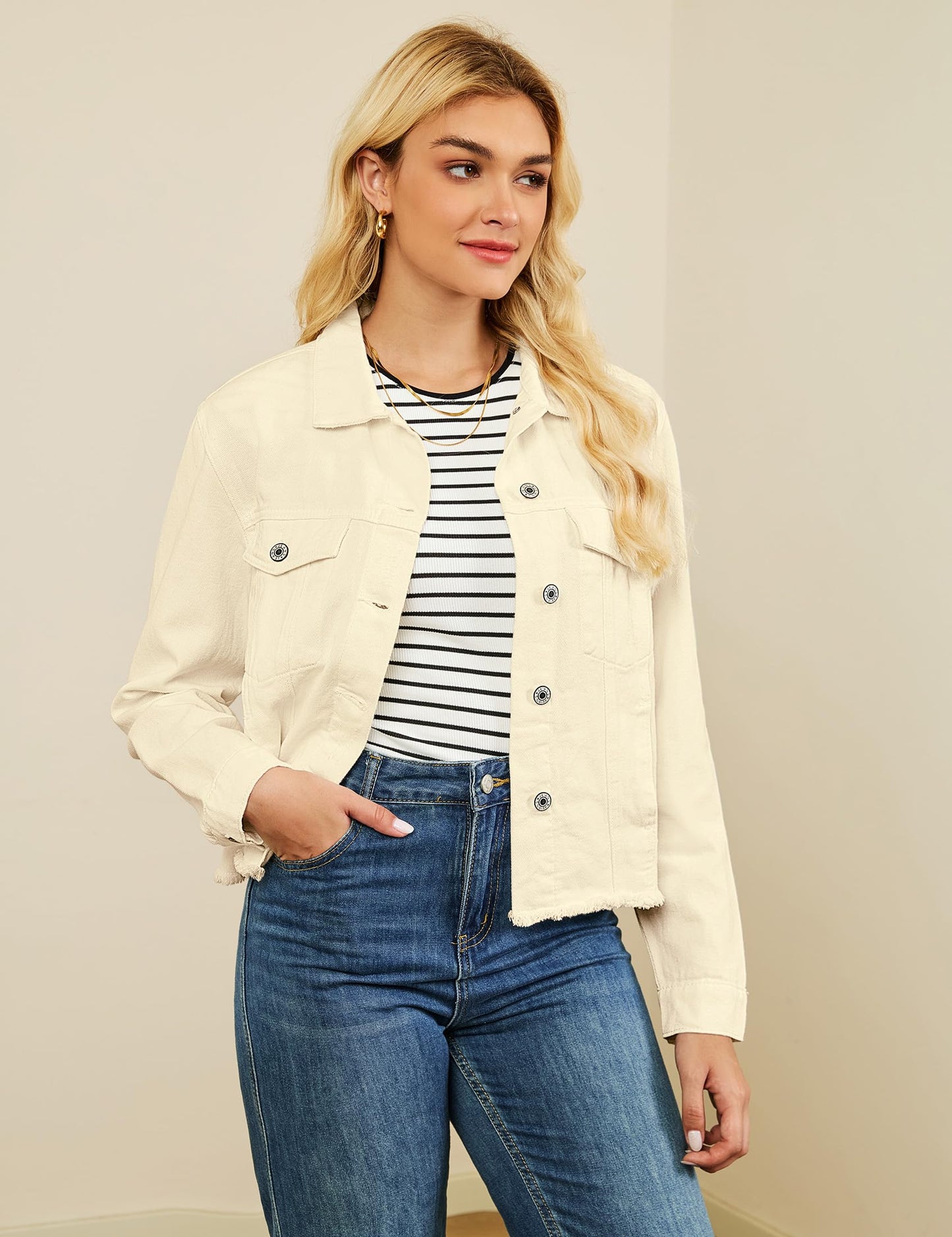 luvamia Denim Jacket for Women Distressed Jean Jackets Button Up Vintage Western Trucker Jacket Frayed Hem Pockets Vanilla Medium
