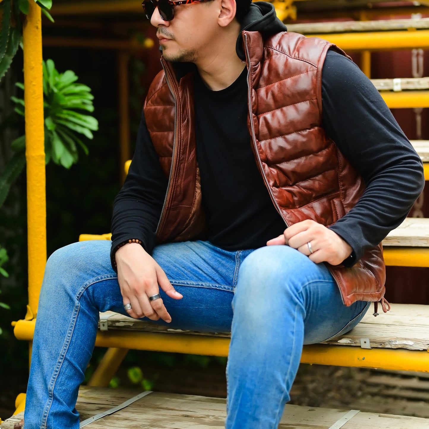 Jild Lambskin Leather Puffer Vest with Removable Hood - Stand Collar Casual Style Sleeveless Leather Jacket Men (Puffer-Tan-L)