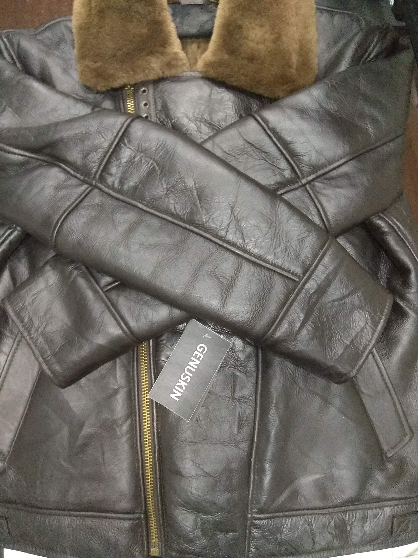 RSH LeatherCraft Cross Zip B3 Bomber Aviator Real Shearling Brown Sheepskin Leather Jacket (2XL)