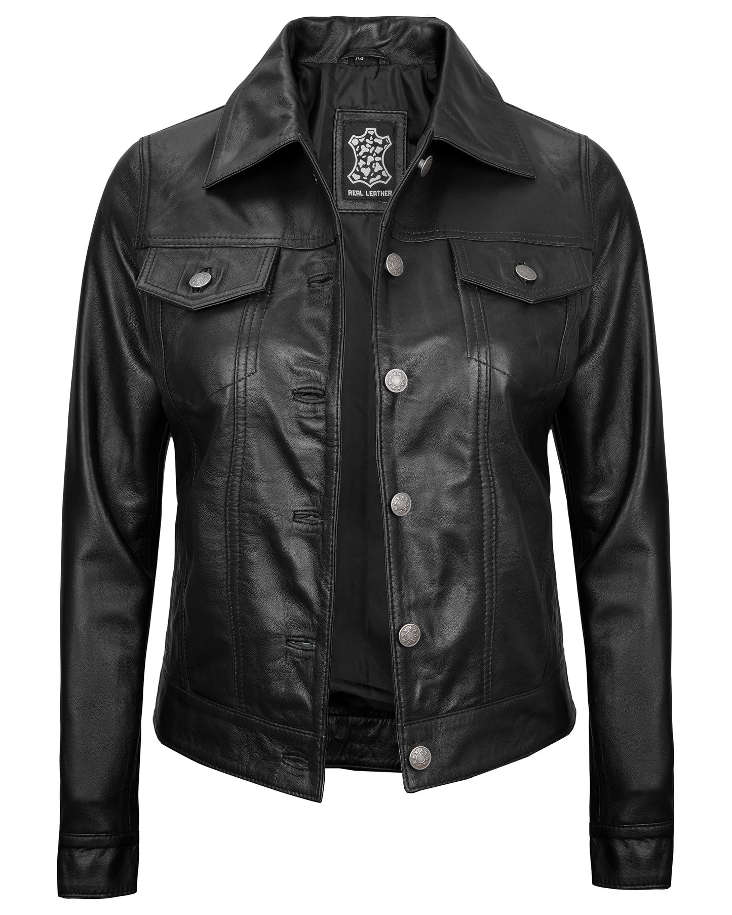 Blingsoul Leather Trucker Jacket Women - Vintage Style Womens Black Leather Jacket | [1314333] Fernando Black, M