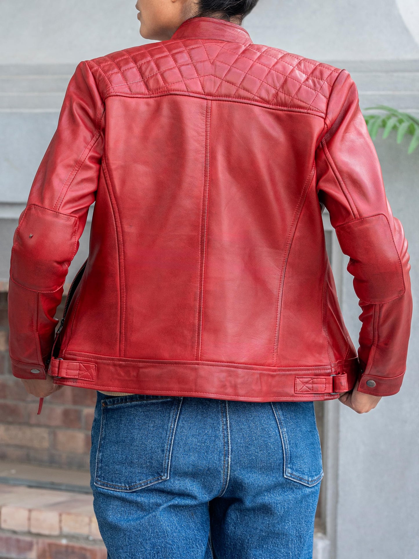 Jild Quilted Design Leather Jacket Women - Cafe Racer Style Real Lambskin Womens Leather Jacket (DW-Red-XL)