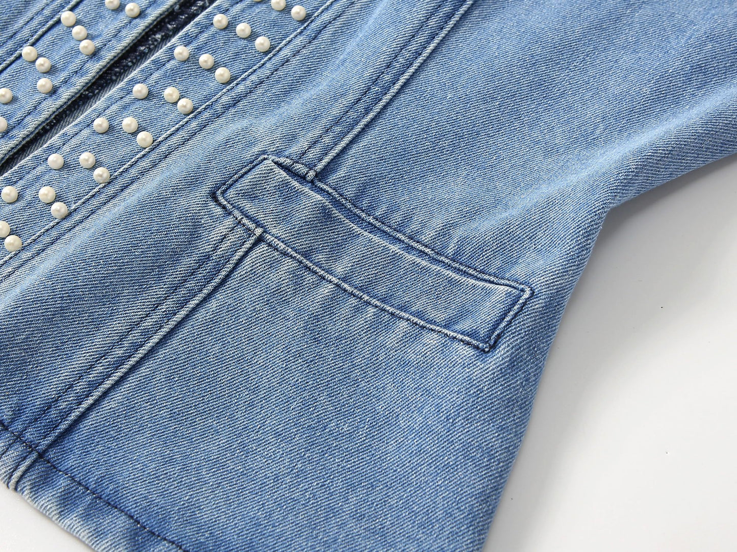 Kedera Women's Pearl Denim Jacket Long Sleeve Collarless Rivet Short Denim Coat with Pockets
