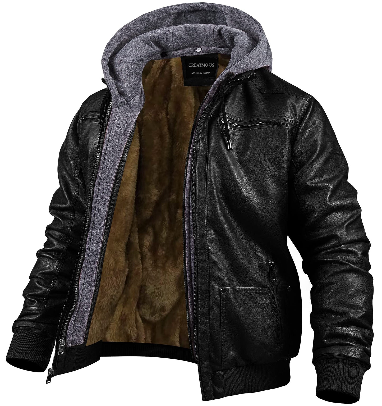 CREATMO US Hoodie Leather Jacket Men Faux Leather Jacket With Removable Hood Retro Zip-UP Stand Collar Motorcycle Bomber Jackets with Removable Hood Black Velvet Lined S