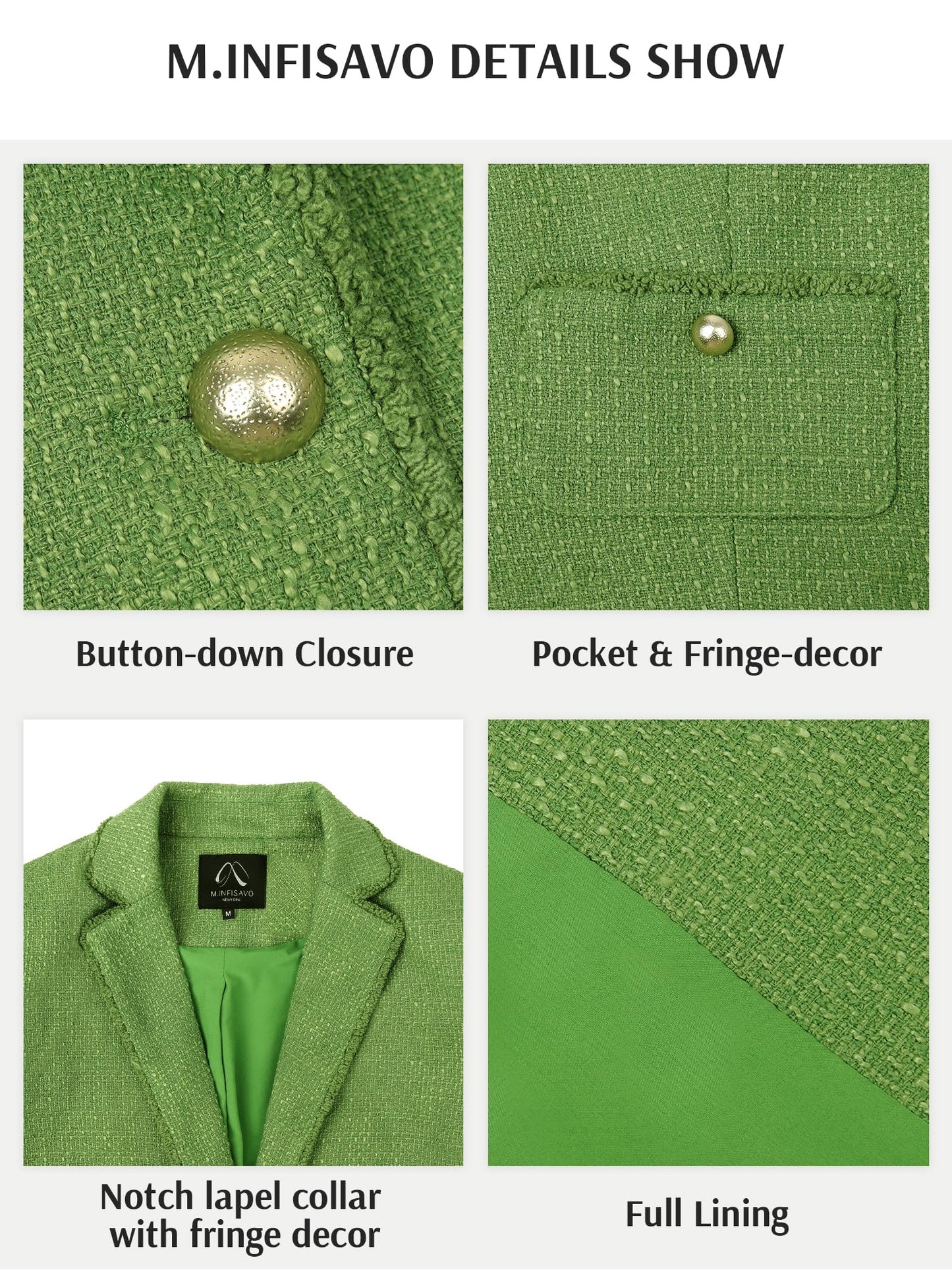 M.Infisavo Women’s Cropped Tweed Jacket Blazer with Pockets Notch Lapel