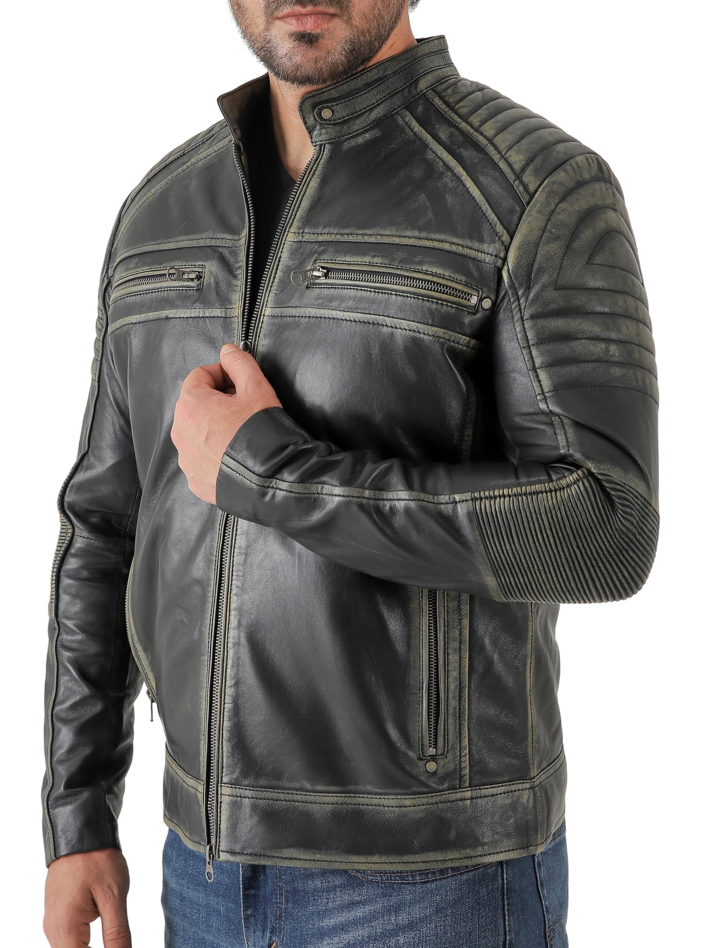 Jild Vintage Cafe Racer Leather Jacket Men - Hand Waxed Real Lambskin Leather Motorcycle Jacket (CRM-Blk.Rub-M)