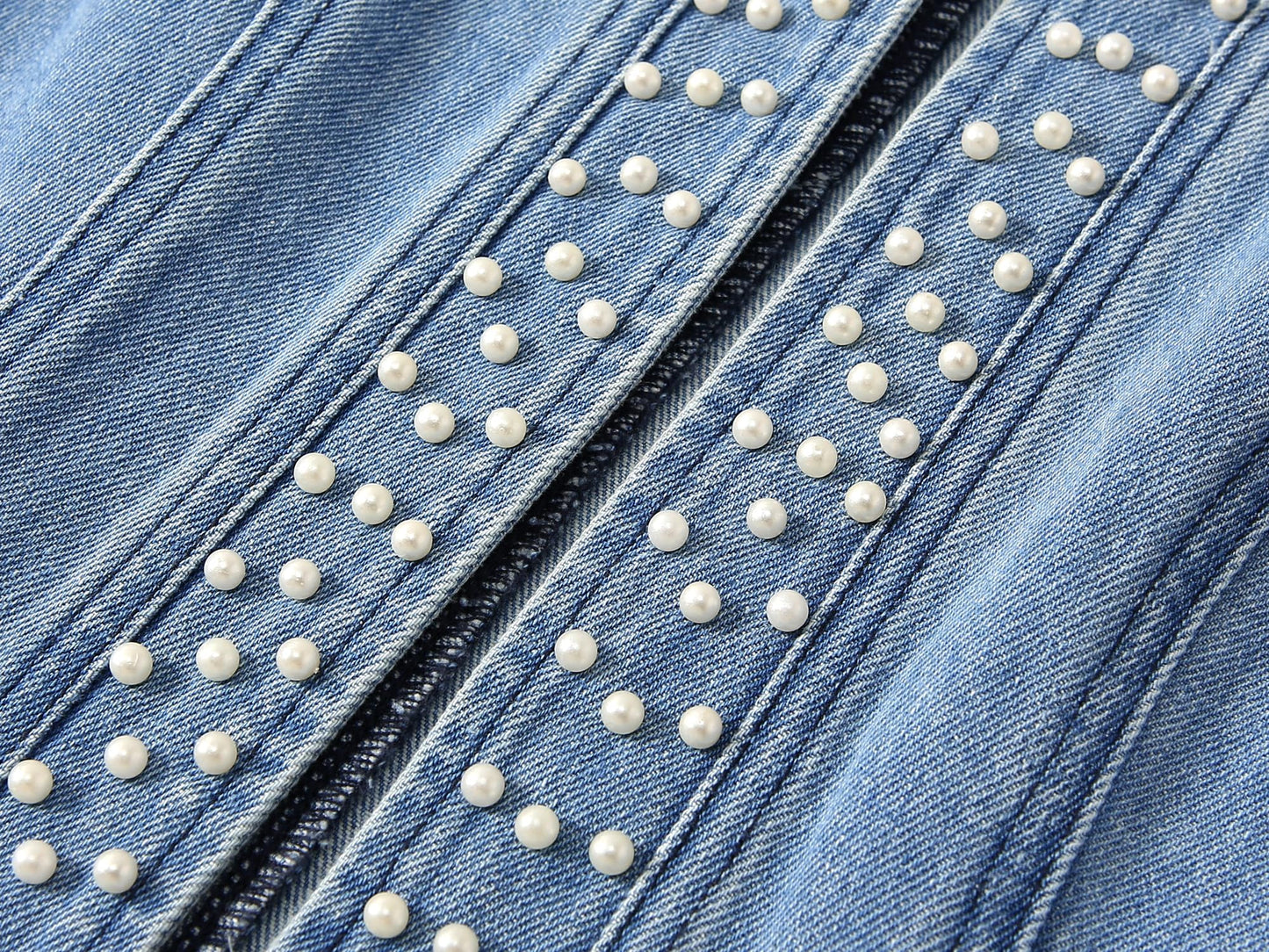 Kedera Women's Pearl Denim Jacket Long Sleeve Collarless Rivet Short Denim Coat with Pockets