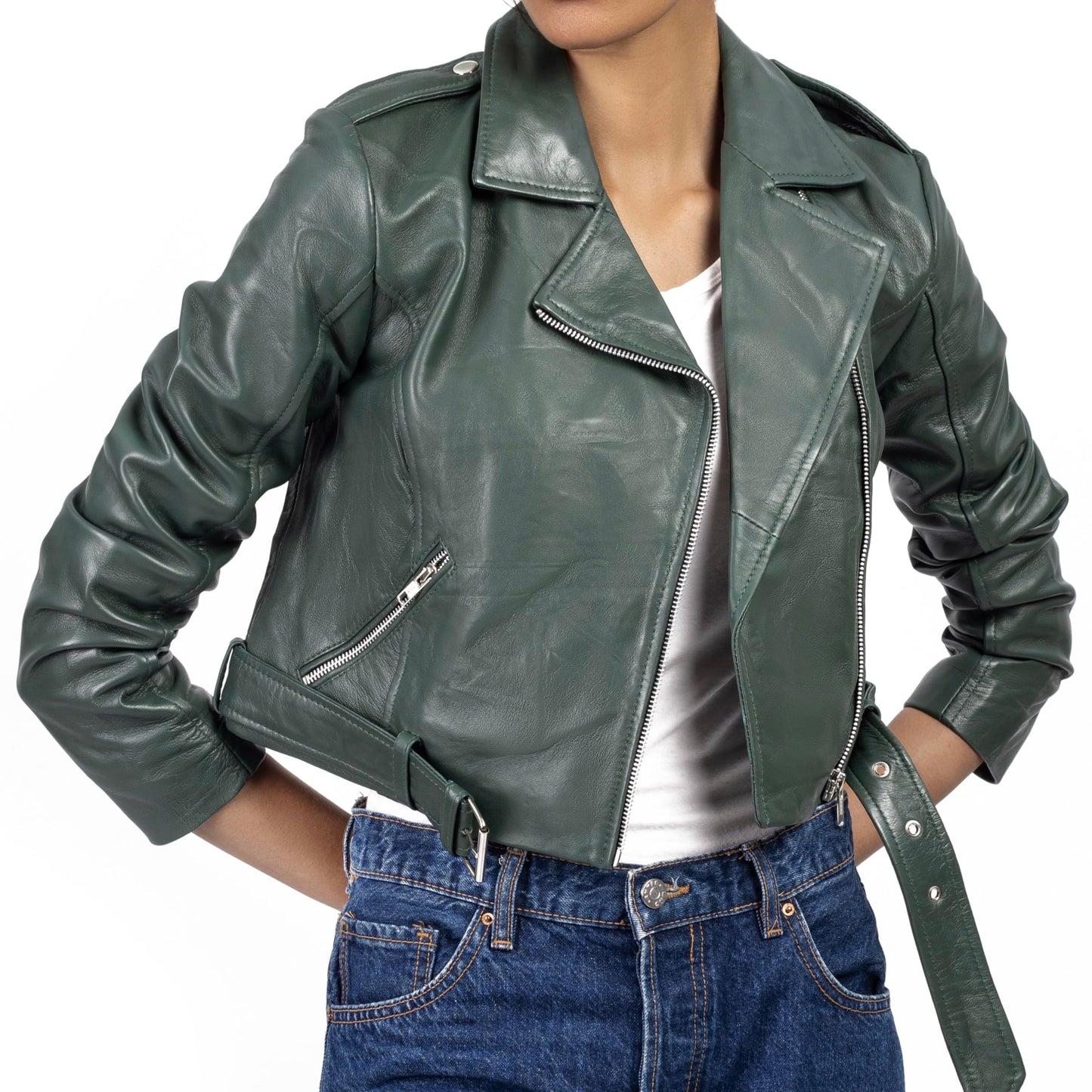 Jild Cropped Leather Jacket Women Lapel Asymmetric Zip Up Moto Biker Short Coat with Belt (CW-Green-XS)