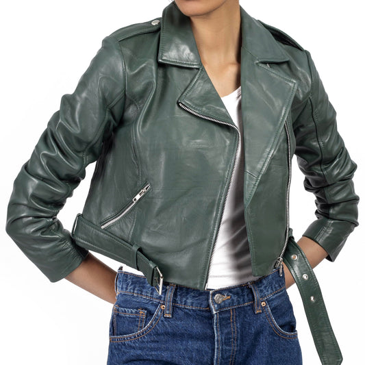 Jild Cropped Leather Jacket Women Lapel Asymmetric Zip Up Moto Biker Short Coat with Belt (CW-Green-XS)