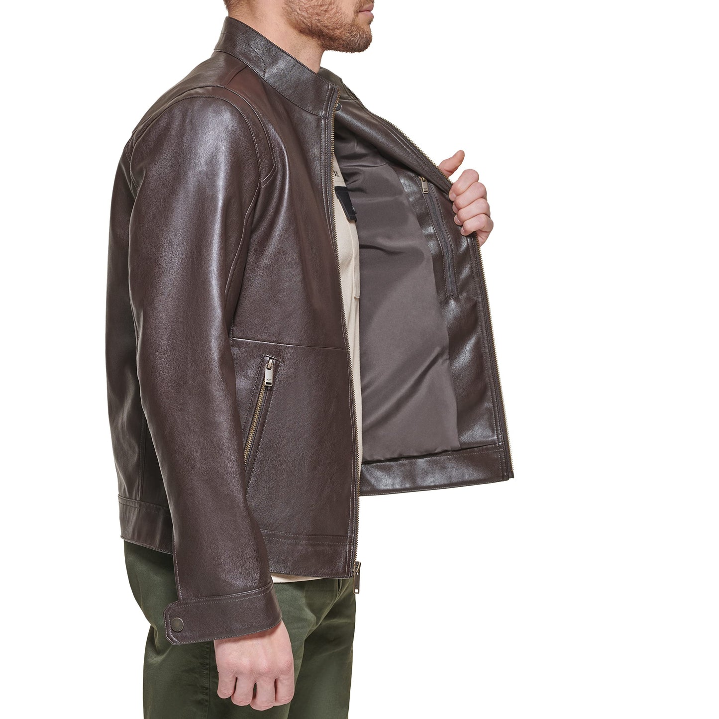 Dockers Men's The Dylan Faux Leather Racer Jacket, dark brown, Medium