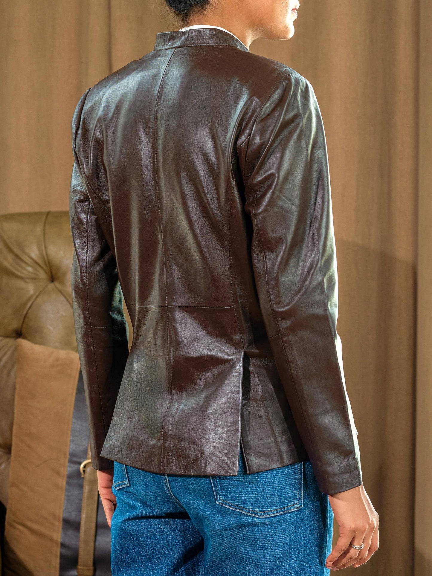 Jild Mandarin Collar Leather Blazer Women - Invisible Stitch Elegant Casual Coat Style Lambskin Leather Jacket Women (Sher.Wo-Brn-3XL)