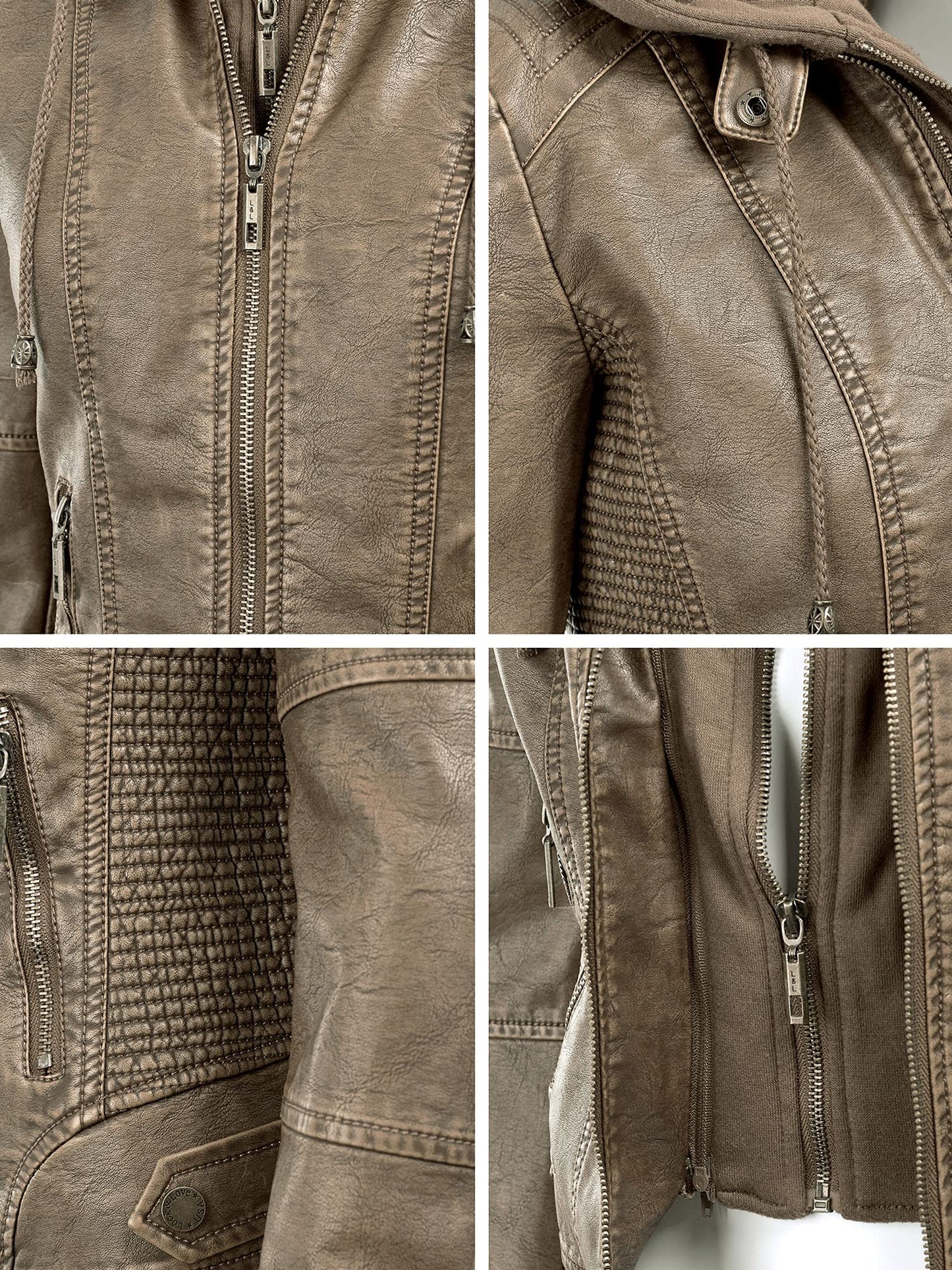 Made By Johnny MBJ Womens Faux Leather Quilted Motorcycle Jacket with Hoodie L Khaki