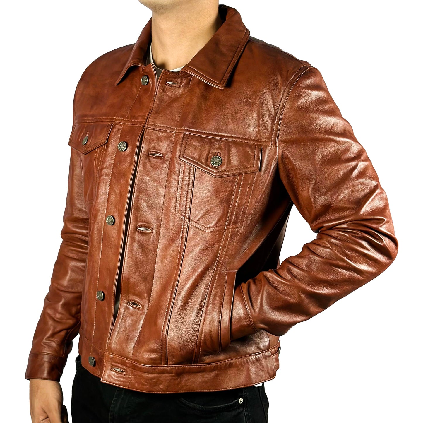 Men’s Vintage Lambskin Leather Trucker Classic Shirt Collar Style Motorcycle Cowboy Jacket