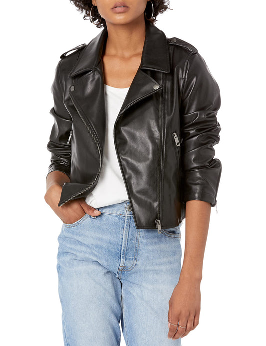 The Drop Women's Heather Faux Leather Moto Jacket, Black, XXL, Plus Size