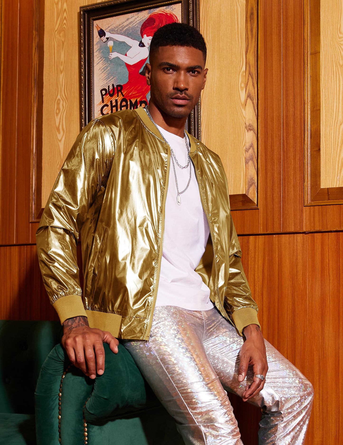 Coofandy Men's Metallic Style Baseball Varsity Bomber Jacket For Party,Nightclub,Halloween,Golden,Large