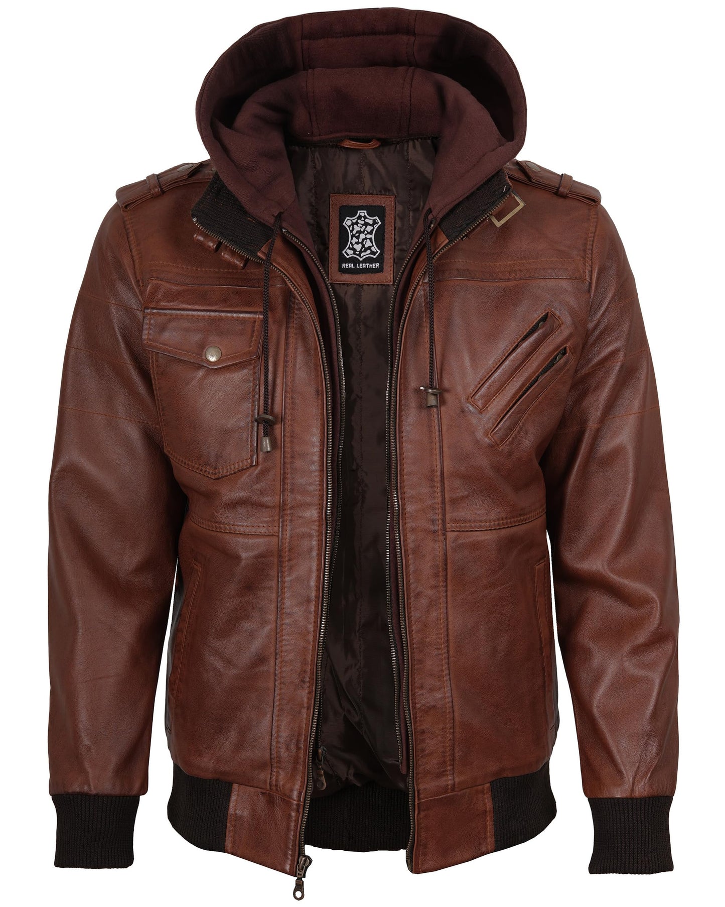 fjackets Real Leather Bomber Jacket Men - Motorcycle Stand Collar with a Removable Hood | [1100154] Edinburgh Brown, L