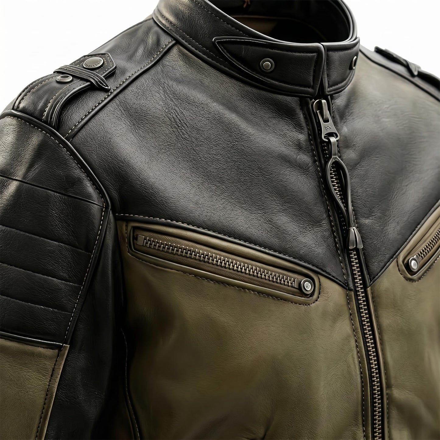 Leather Enchantment Co Men’s Olive Green & Black Sheepskin Biker Jacket – Stand Collar, Multi-Zipper Pockets, Sleek Moto Racing Style (US, Alpha, 3X-Large, Regular, Regular, Olive Green & Black)
