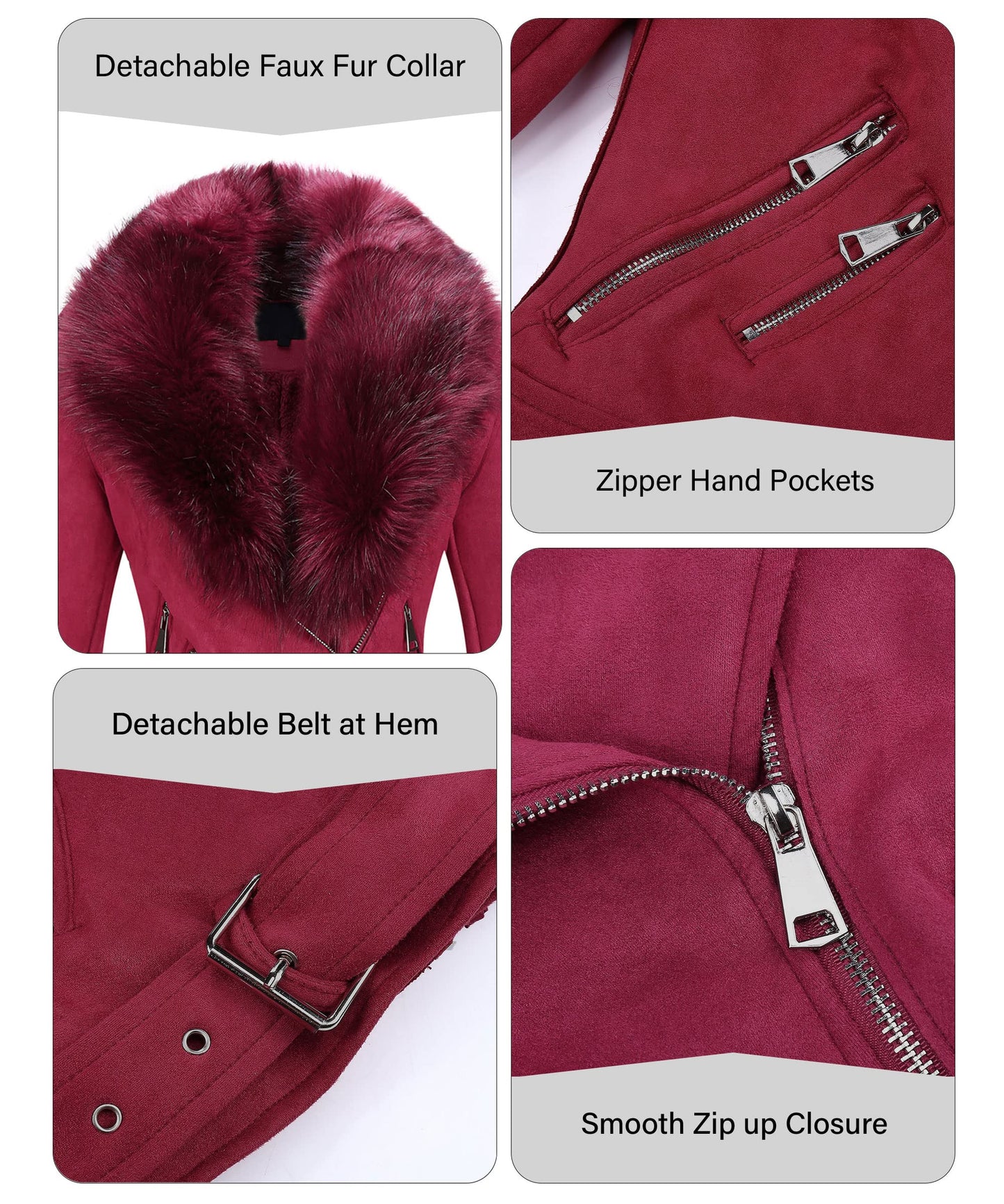 Bellivera Women Faux Suede Jacket Moto Biker Sherpa-Lined Coat Red S