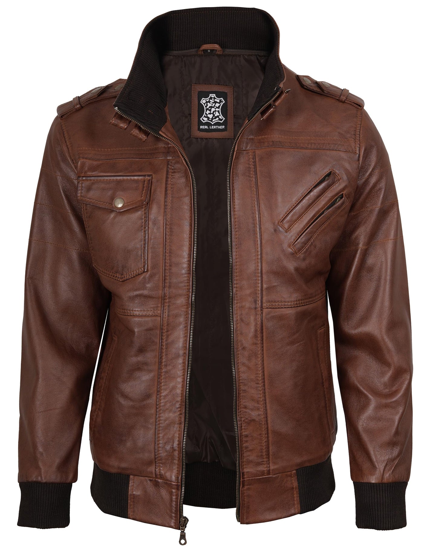 fjackets Real Leather Bomber Jacket Men - Motorcycle Stand Collar with a Removable Hood | [1100154] Edinburgh Brown, L