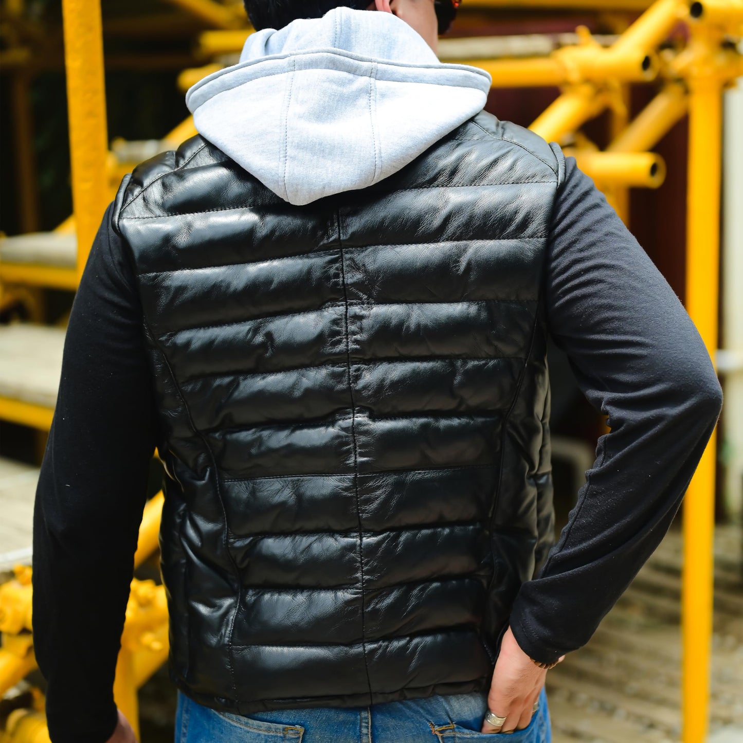 Jild Lambskin Leather Puffer Vest with Removable Hood - Stand Collar Casual Style Sleeveless Leather Jacket Men (Puffer-Blk-L)