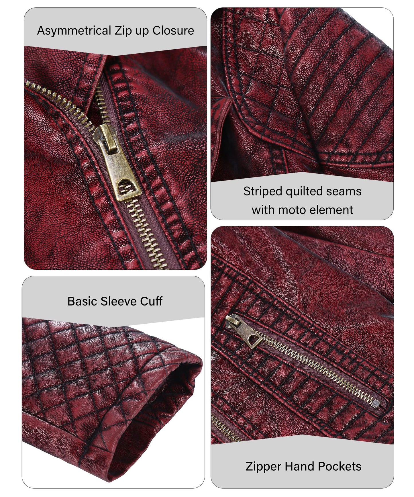 Bellivera Women's Faux Leather Casual Moto Lightweight Jacket Red 2M