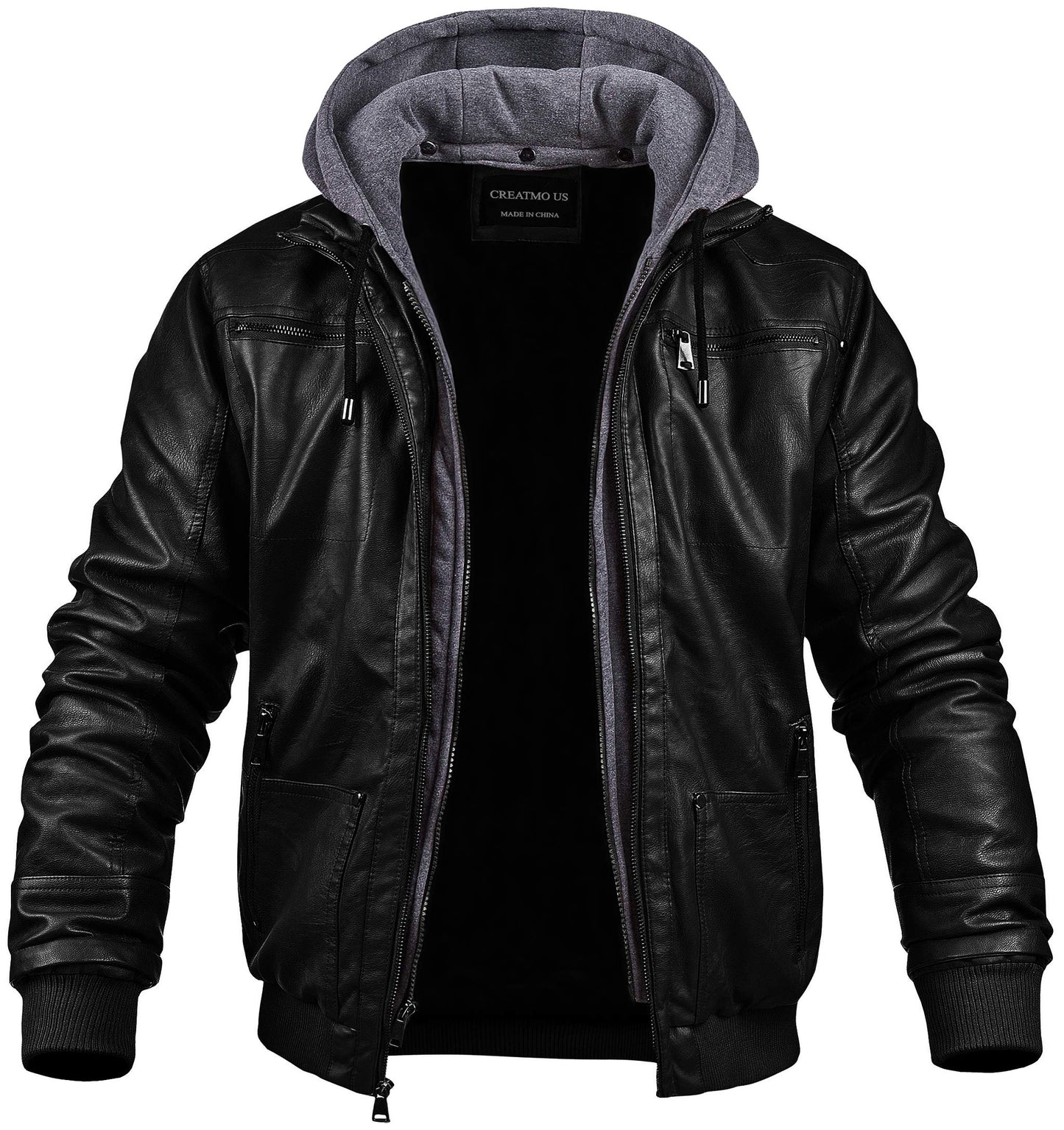 CREATMO US Men Leather Jacket with Hood Spring Motorcycle Jacket bomber jacket Black S