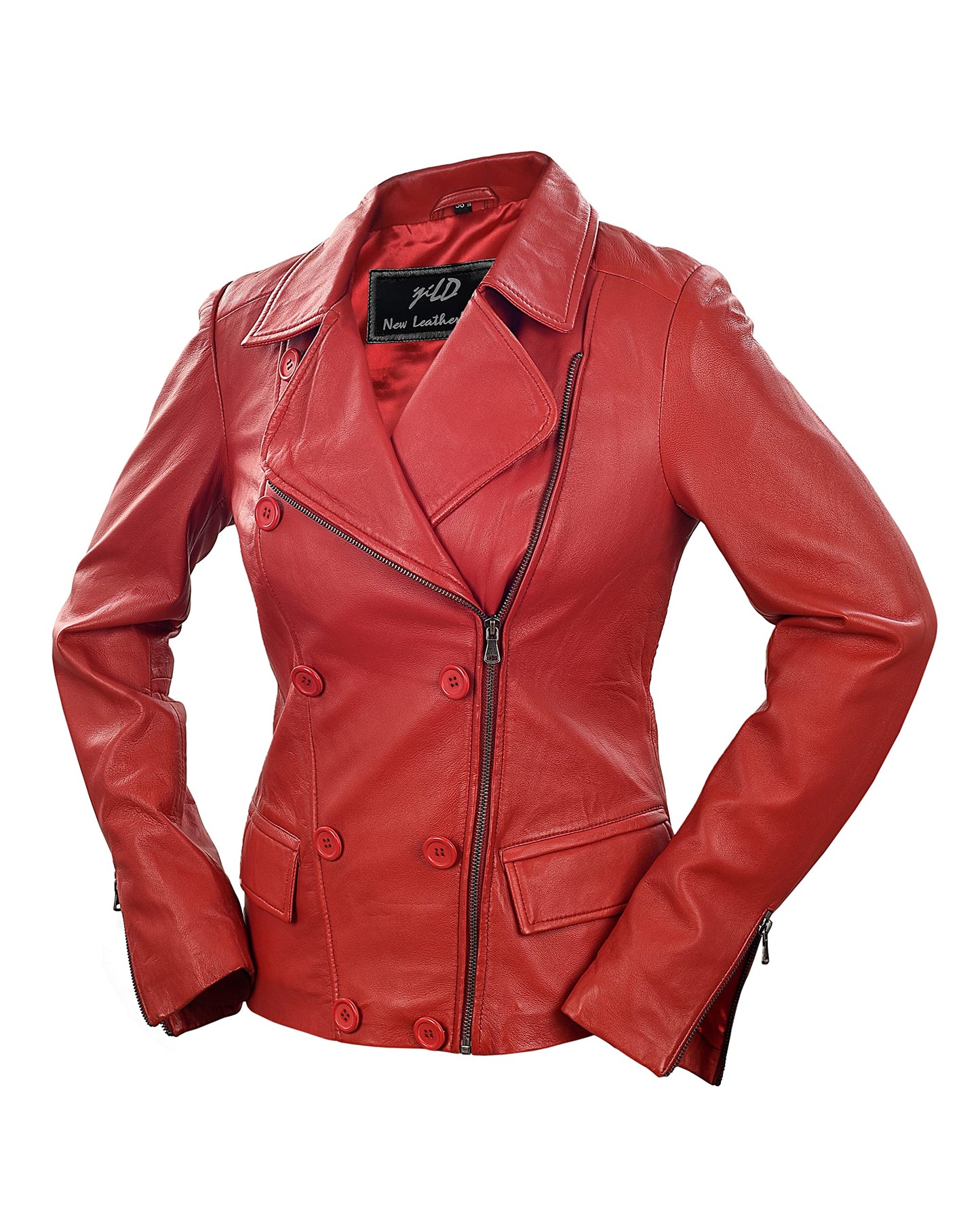 Jild Tailored Stitched Lambskin Leather Jacket Women - Coat Design Lapel Collar Belted Style Motorcycle Jacket Women (ButB-Red-M)