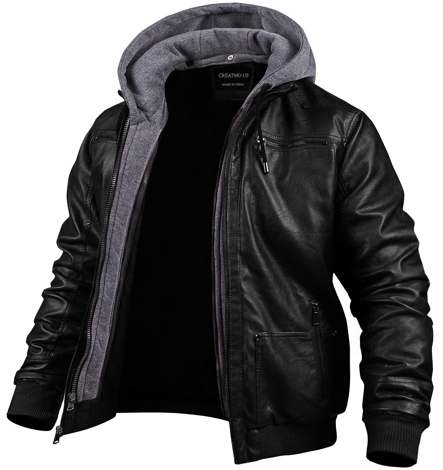 CREATMO US Men Leather Jacket with Hood Spring Motorcycle Jacket bomber jacket Black S