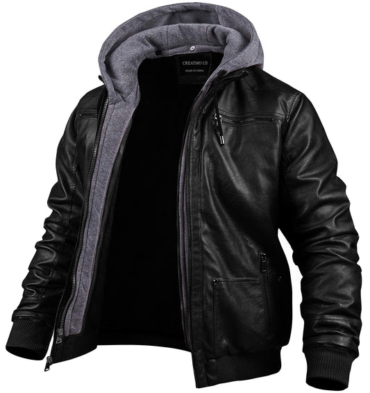 CREATMO US Men Leather Jacket with Hood Spring Motorcycle Jacket bomber jacket Black S