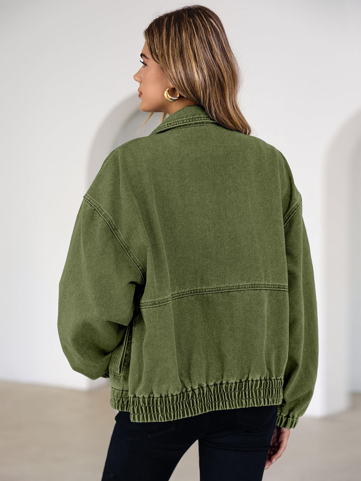 Glamaker Womens Oversized Jean Jacket Spring Lightweight Long Sleeve Bomber Denim Jacket with Zip Front and Pockets for Trendy Fashion (Army Green L)