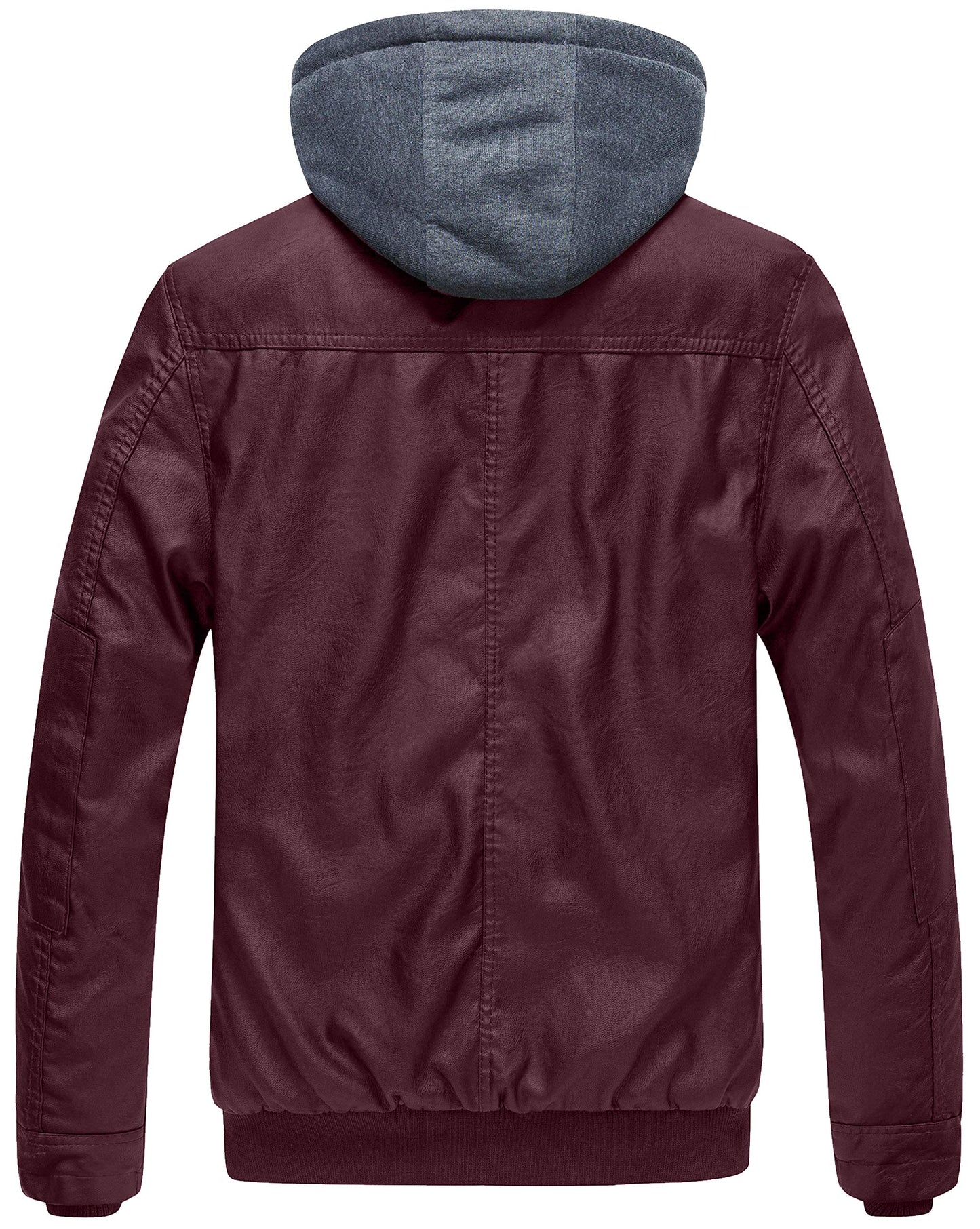 wantdo Men's Light Faux Leather Jacket Hooded Motorcycle Jacket Wine Red Large(Thick)