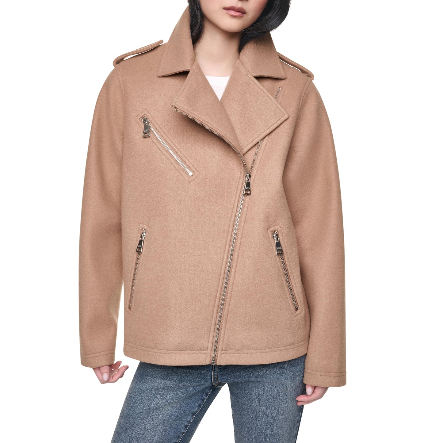 DKNY Women's Assymetrical Zip Front Moto Jacket, Woodsmoke, Medium