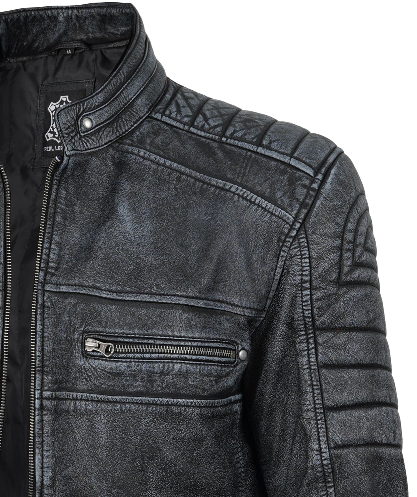 fjackets Cafe Racer Leather Jacket Men - Real lambskin leather jacket men Motorcycle Jacket Mens Austin Men's Distressed washed | [1132614] Black, L