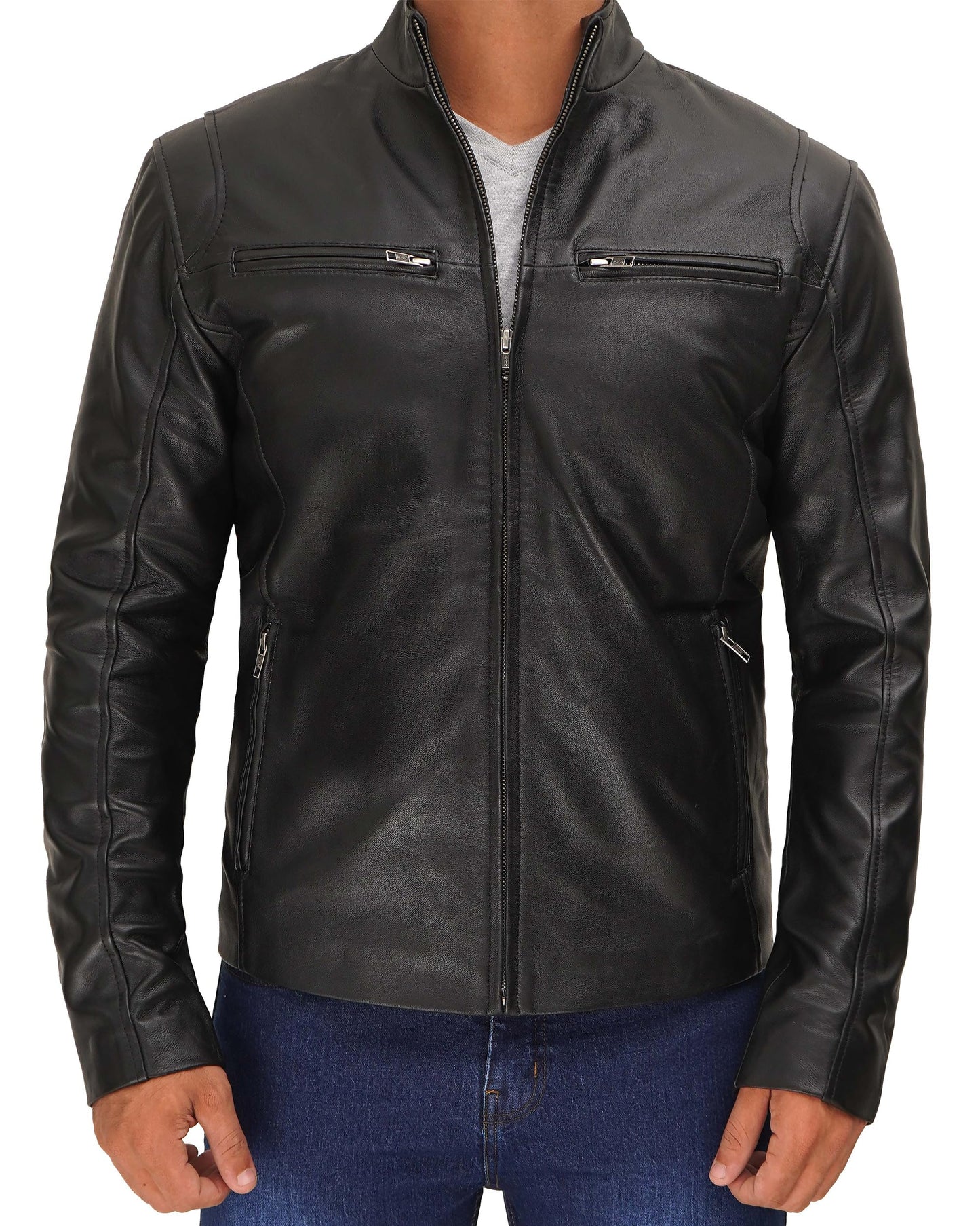 Decrum Black Leather Jacket Men - Mens Motorcycle Jacket | [1100444] Clinton, L