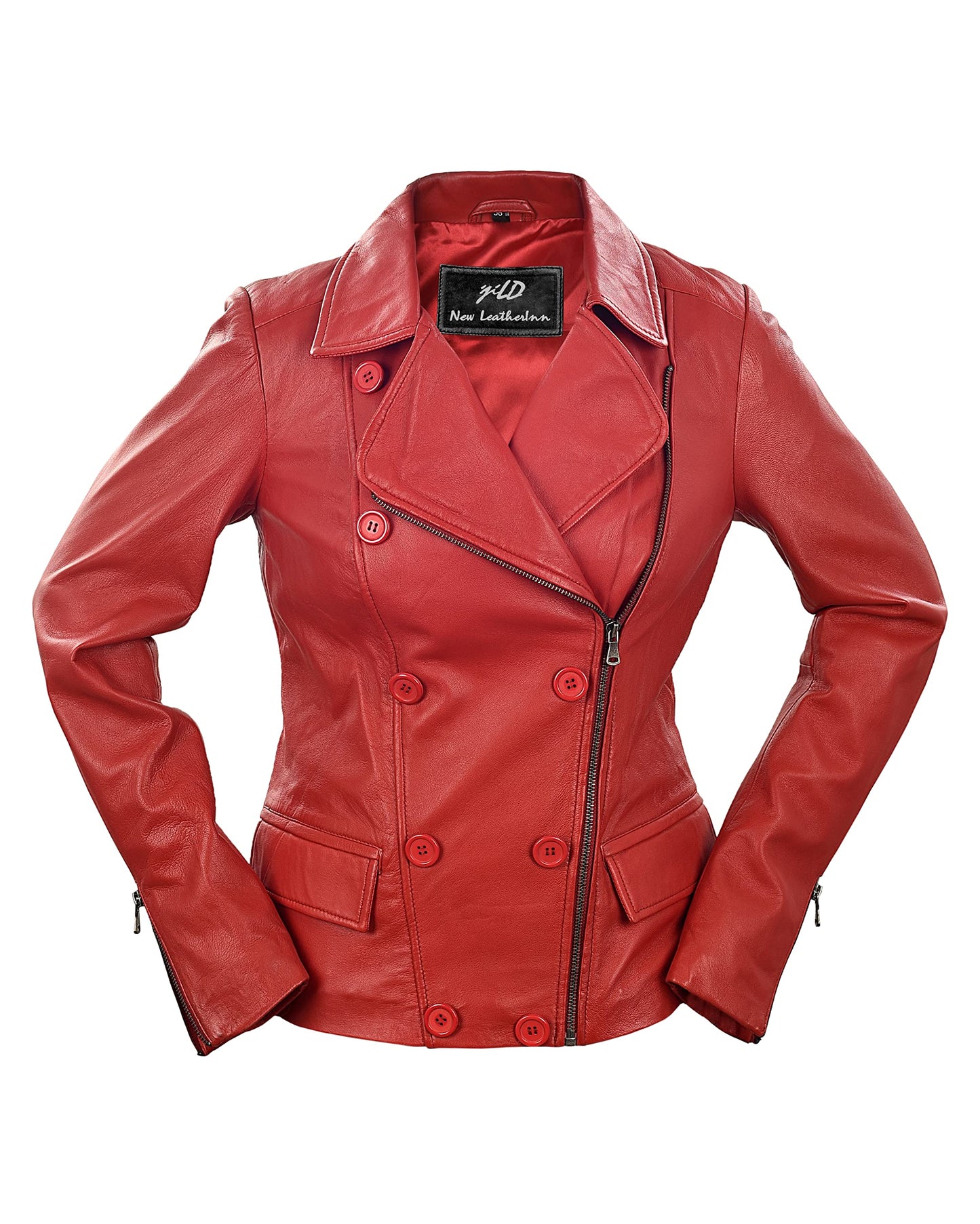 Jild Tailored Stitched Lambskin Leather Jacket Women - Coat Design Lapel Collar Belted Style Motorcycle Jacket Women (ButB-Red-M)