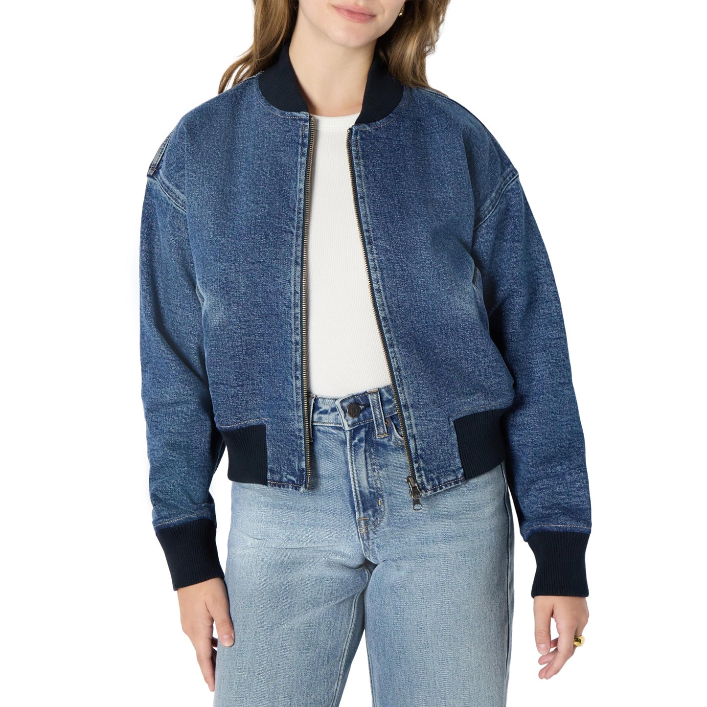 Amazon Essentials Women's Relaxed-Fit Denim Bomber Jacket, Medium Blue Vintage, Large