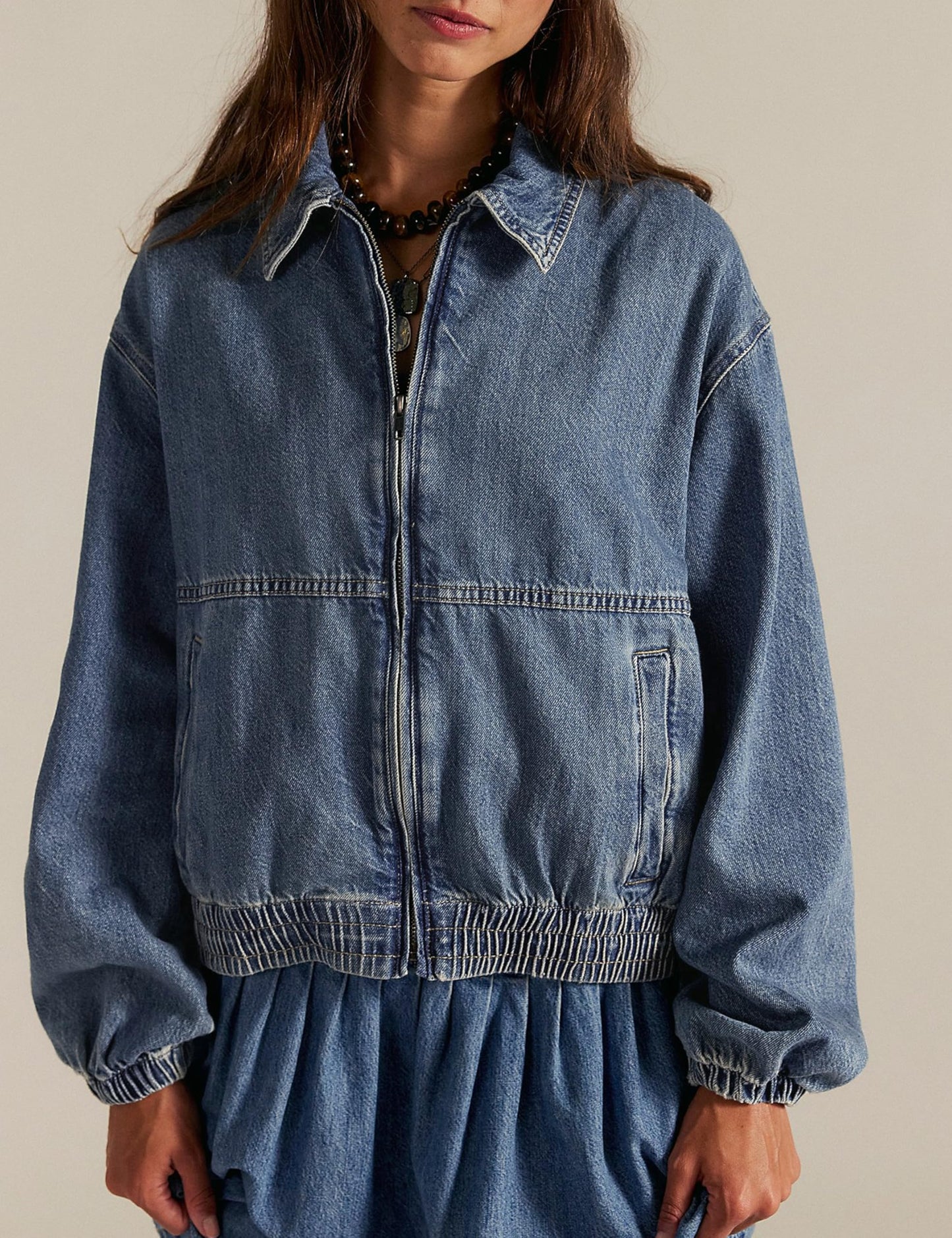 Bell Princess Womens Denim Jackets Long Sleeve Zip Up Elastic Hem Classic Loose Jean Bomber Jacket Outfit(0135-Blue-S)