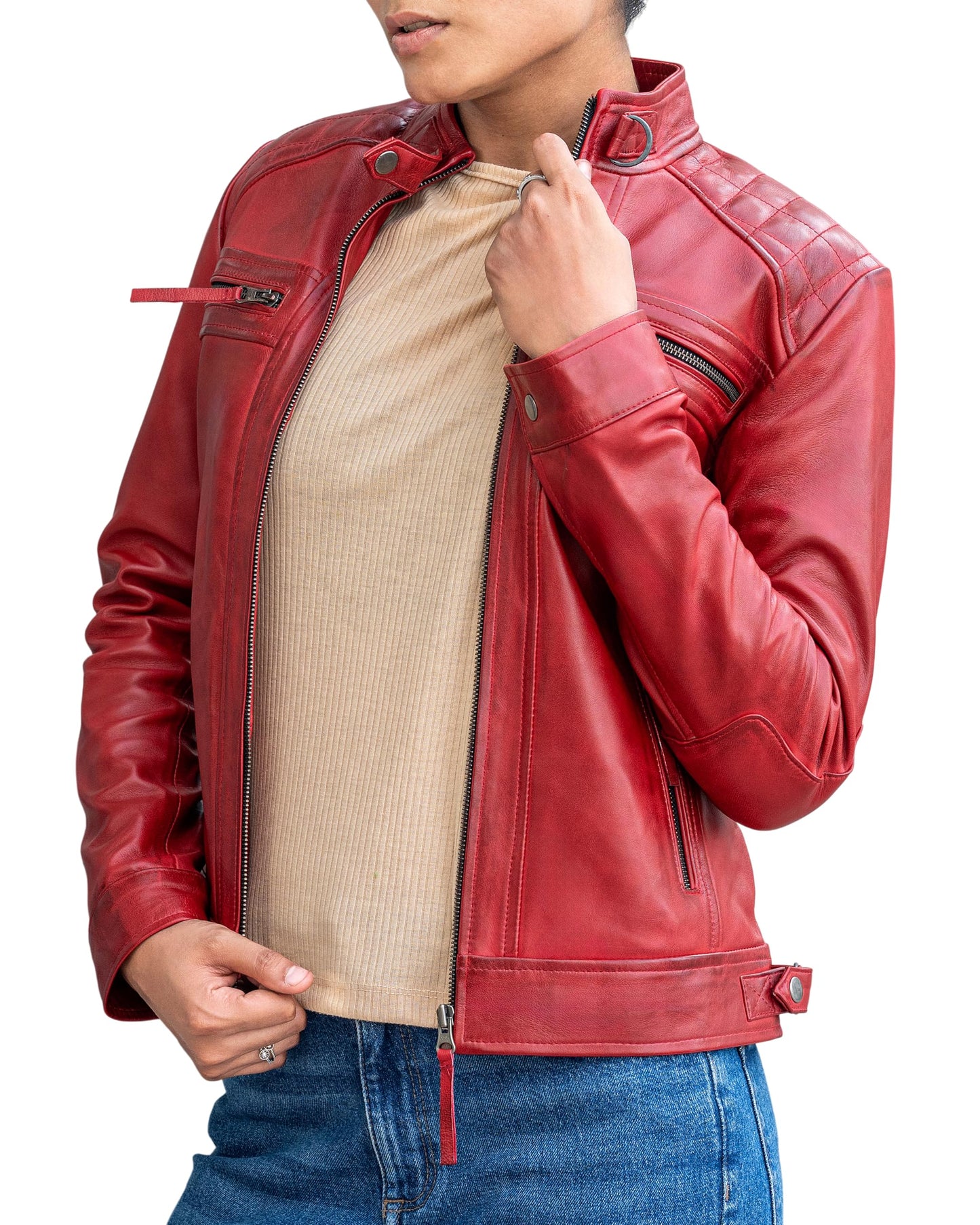 Jild Quilted Design Leather Jacket Women - Cafe Racer Style Real Lambskin Womens Leather Jacket (DW-Red-XL)