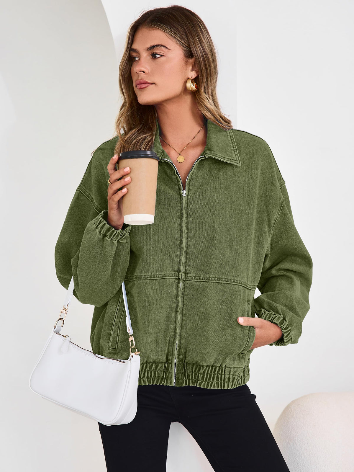 Glamaker Womens Oversized Jean Jacket Spring Lightweight Long Sleeve Bomber Denim Jacket with Zip Front and Pockets for Trendy Fashion (Army Green L)
