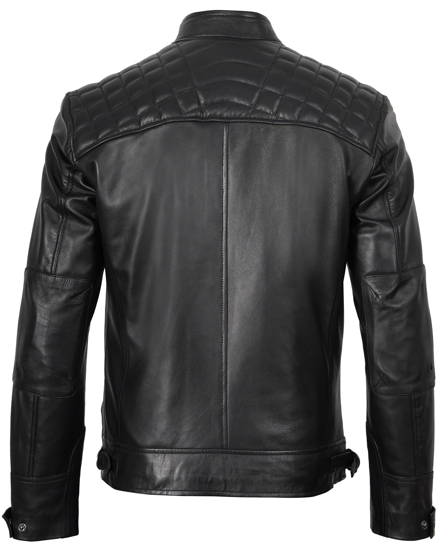 fjackets Real Lambskin Leather Biker Jacket — Quilted Cafe Racer Zip Up Moto Jacket Men Tall | [1118795] Johnson Black, XL