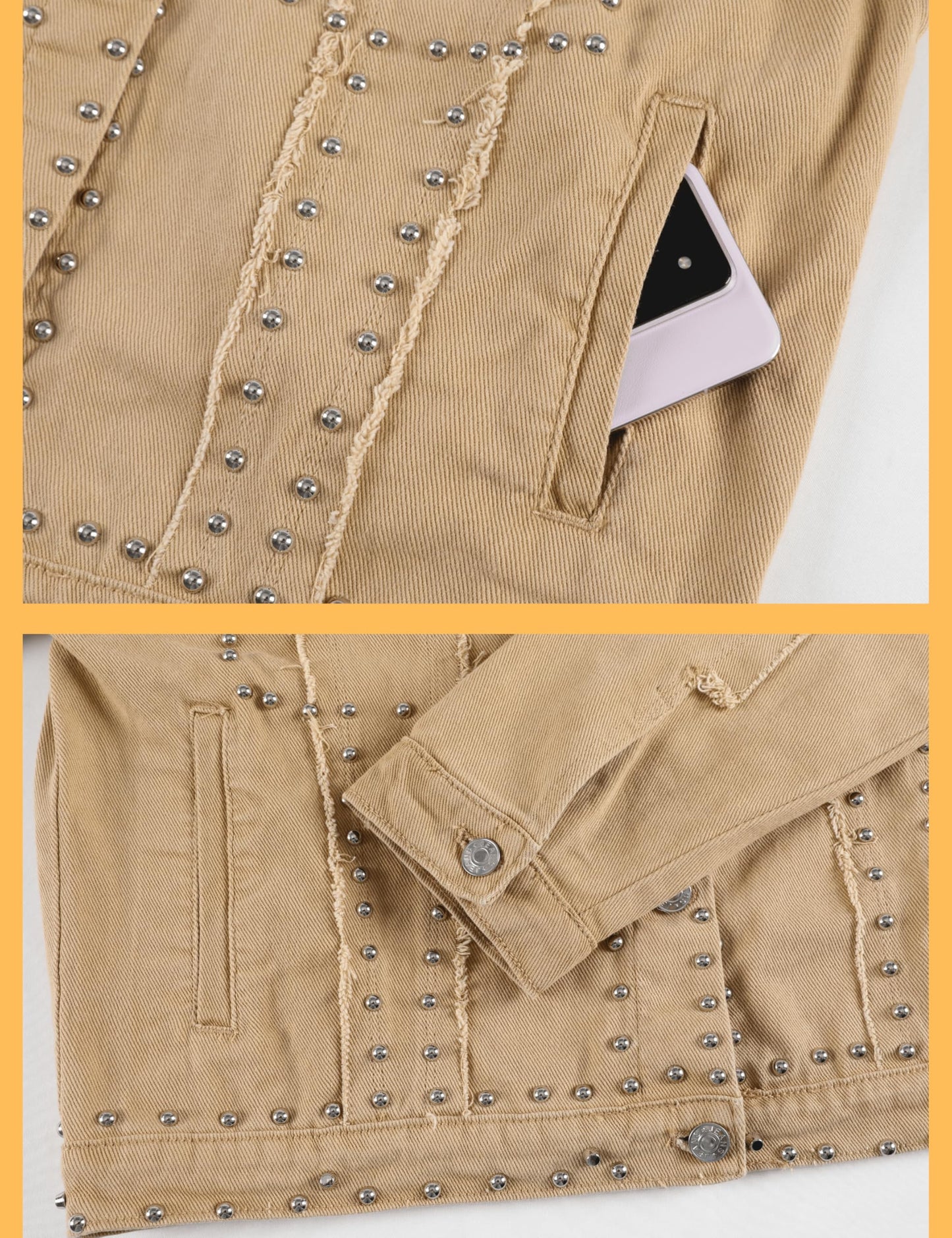 Omoone Women's Long Sleeve Rivet Studded Denim Jacket Casual Washed Short Jean Coat Western Outfits(2140-KhakiX1-M)