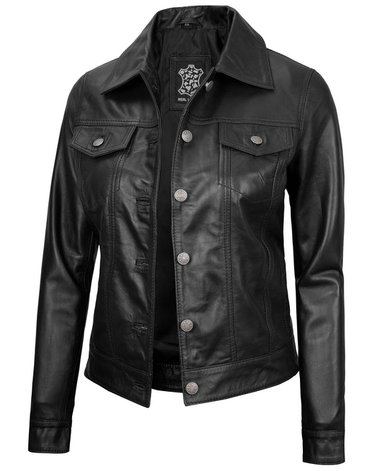 Decrum Women's Leather Jackets With Shirt Collar - Real Lambskin Black Leather Jacket Women | [1314333] Wmn Frnando Black, M